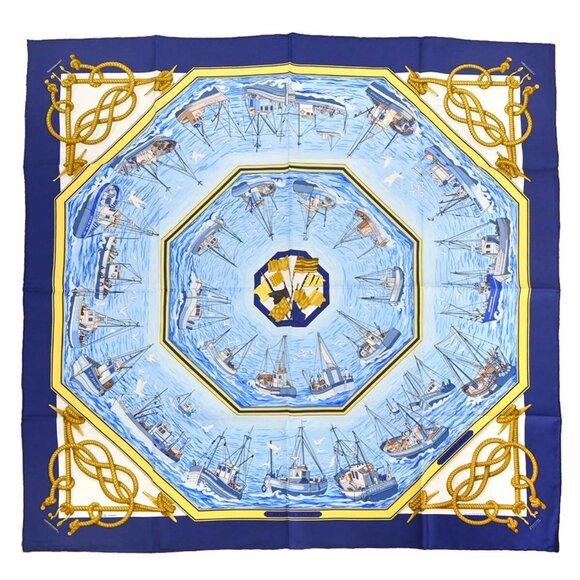 Hermes Scarf Carre 90 Retour de Peche Blue Small Good - Picture 1 of 8
